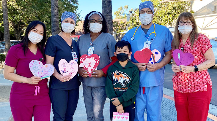 Ray, a student at Lemon Grove Academy Elementary School, brought over 300 valentines from his school to Sharp Grossmont Hospital